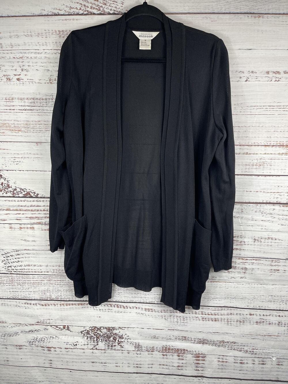 Misook Sweater Women's Size M Black Open Front Cardigan Pockets Acrylic Knit